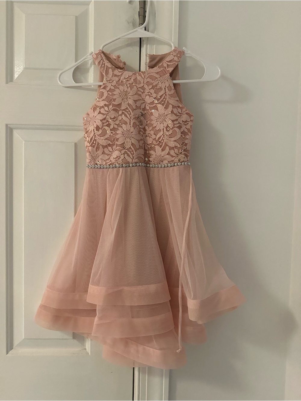 Girls' Pink Lace Bodice Tulle Party Dress with Jeweled Waist